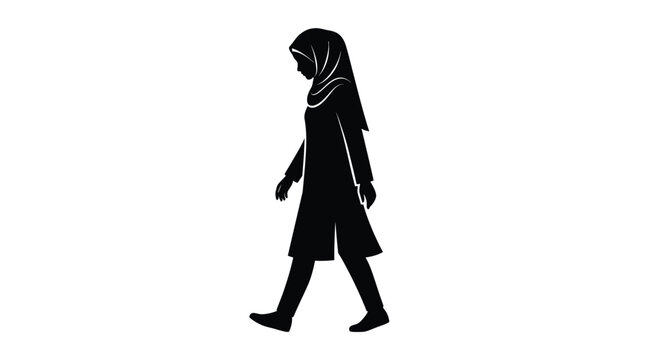 Muslim woman wearing modest hijab walking forward in high contrast black and white vector silhouette style