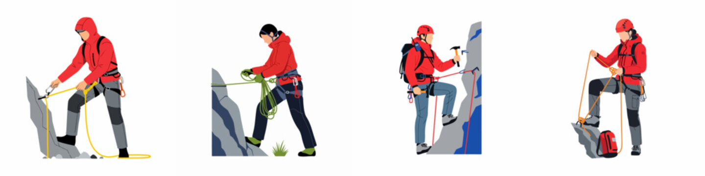 Vector illustration set of mountain climbers in red jackets using professional climbing gear and techniques on rock faces, isolated on white background.