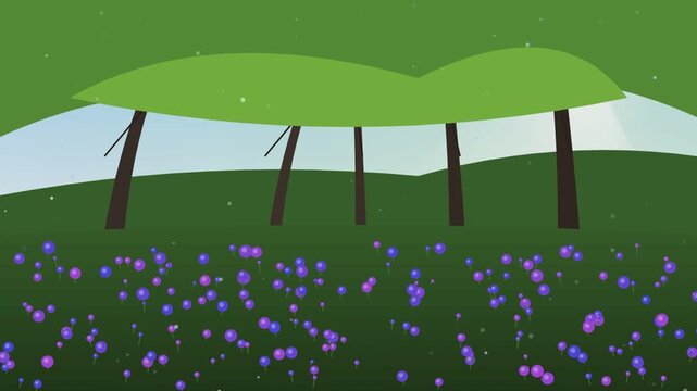 Row of trees in a green field with purple flowers a flat vector illustration of lined up in a grassy meadow covered with small circular against a light meadow nature landscape grass minimalist