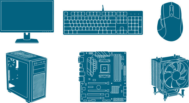 Pc hardware components silhouette bundle arranged neatly isolated on a transparent background