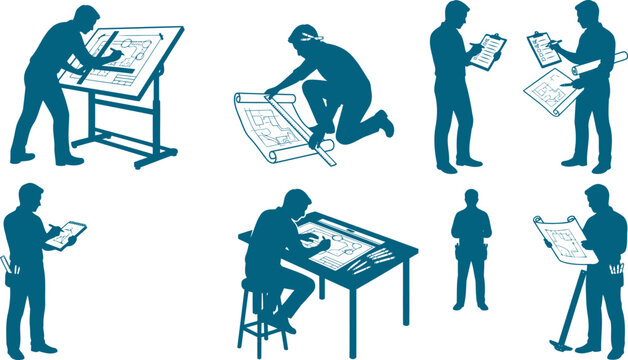 Professional architect and engineer draftsman silhouette set for construction and blueprint design assets