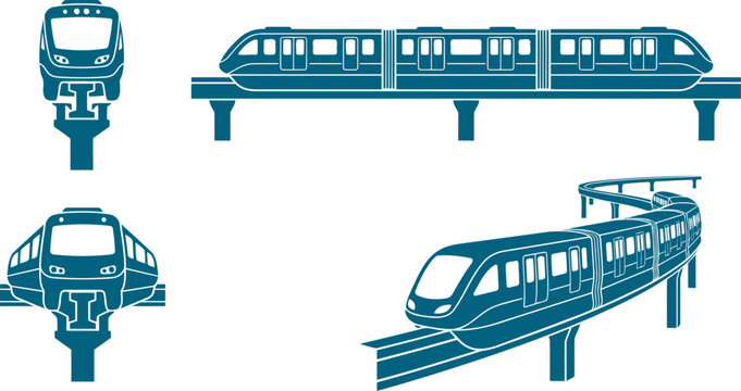 Set of modern elevated monorail train silhouettes on a transparent background