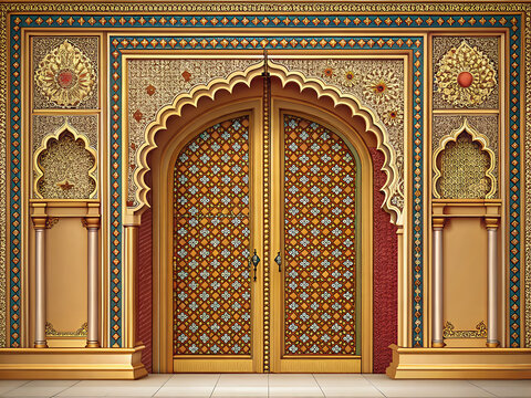 Royal Indian palace entrance door, traditional Rajasthani ornamentation