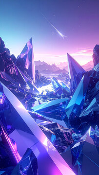 3d Render of Crystal Inspired Abstract Wallpaper Featuring Glowing Geometric Mineral Landscape Under Starry Sky