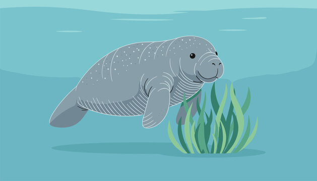 Gentle manatee swimming gracefully underwater next to a cluster of green seaweed in a clear turquoise sea.