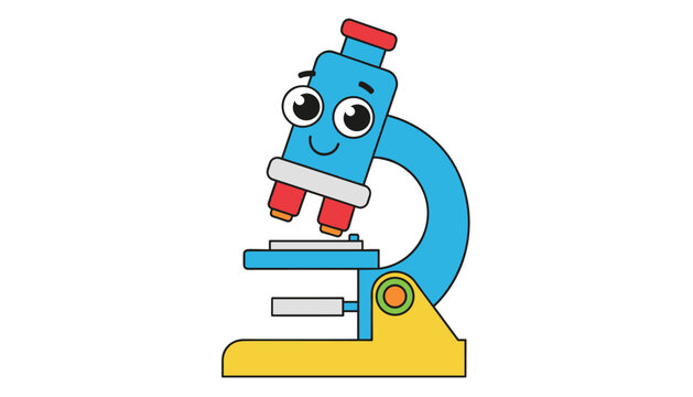 Adorable cartoon microscope character with large expressive eyes and a happy smile designed for kid learning.