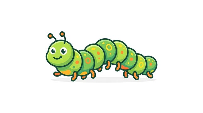 A cute and colorful cartoon caterpillar illustration with a cheerful expression, bright green body segments decorated with orange and yellow spot