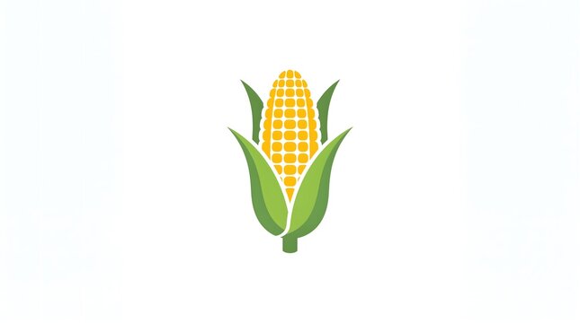 Vector illustration of a fresh yellow corn cob with green leaves, isolated on a clean white background.