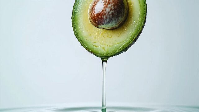Avocado oil dripping from half avocado.