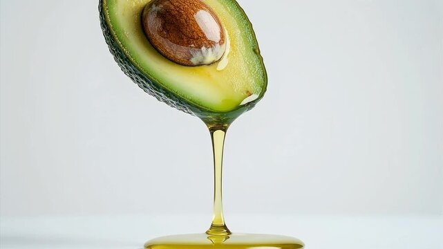 Avocado oil dripping from half avocado.