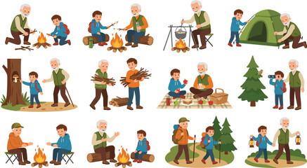 Fototapeta premium Grandfather and Grandson Camping Vector Set with Family Hiking Pitching Tents Cooking over Campfires and Birdwatching for Outdoor Recreation and Intergenerational Bonding Designs