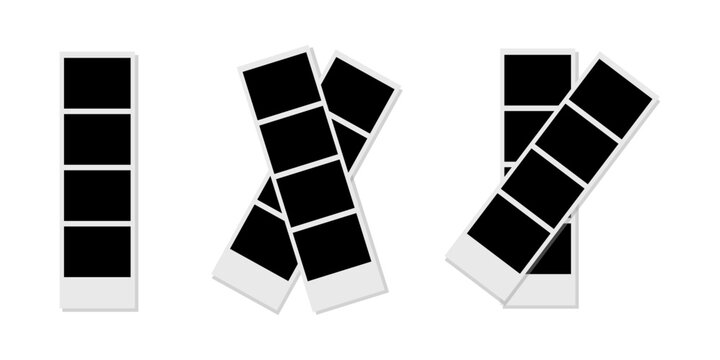 Set of blank photo booth strips, vertical film frames with empty black placeholders for pictures, vector illustration