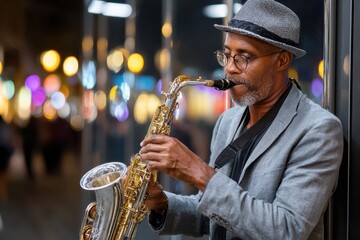 Fototapeta premium Man playing saxophone in a city at night
