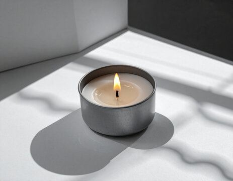Lit Candle in Metal Tin Container on White Surface With Minimalist Shadows Reflecting Start What You Have Mindset Concept