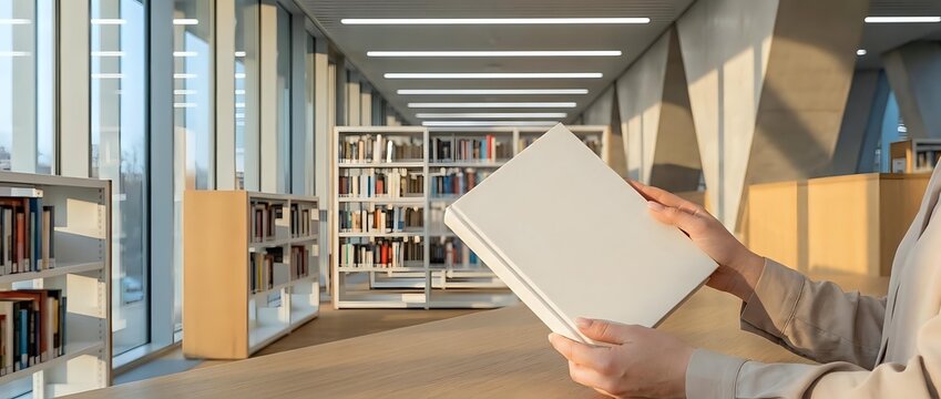 Person with light skin tone wearing a beige cardigan holds an open book in a modern library with wooden shelves, natural light, and contemporary architecture for educational and publishing content.