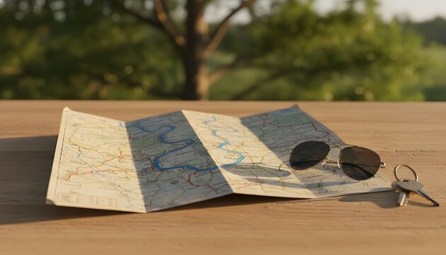 Folded paper highway road map resting on a wooden table with sunglasses and car keys, preparing for a summer road trip driving vacation adventure concept in nature