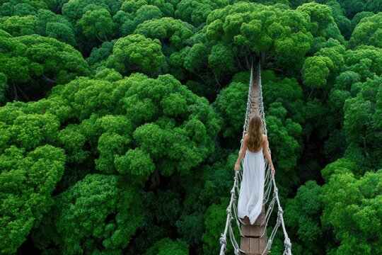 Exploring a suspension bridge above lush green treetops in a tropical rainforest