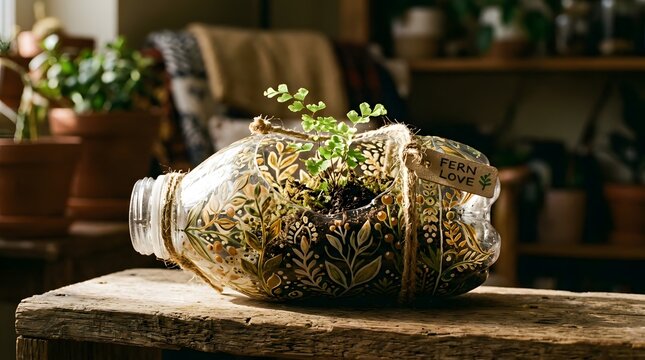DIY Terrarium in Recycled Plastic Bottle with Ferns and Moss, Eco-Friendly Home Decor Idea