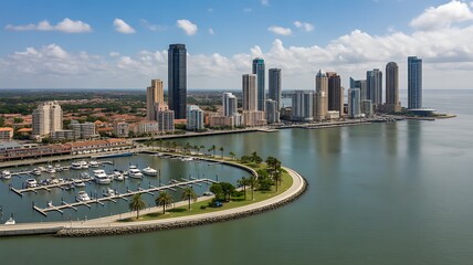 Naklejka premium Modern coastal city skyline with marina waterfront and high rise buildings under blue sky
