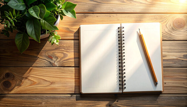 Open Spiral Notebook With Pencil And Potted Plant on Wooden Table Illustrating Start What You Have Mindset For Daily Planning And Productivity