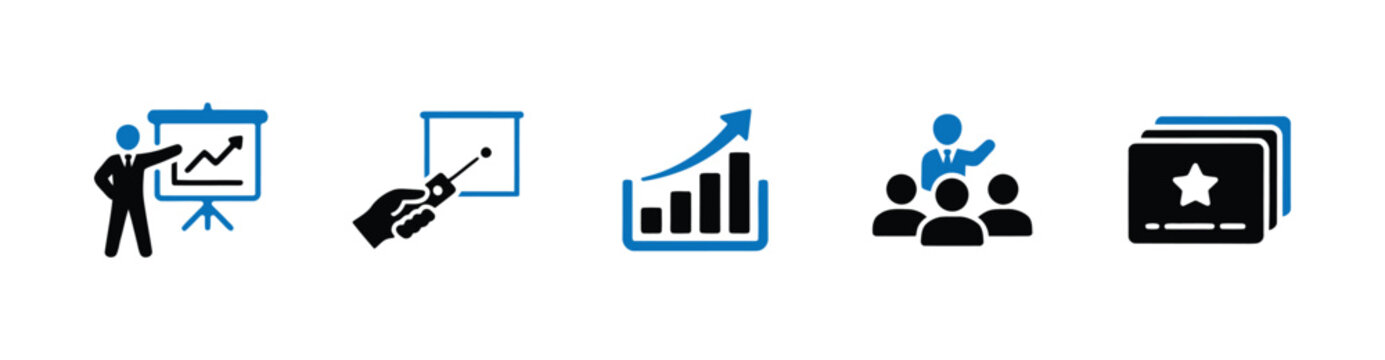 Business Presentation and Public Speaking Icon Set. Presenter pointing at growth chart board, hand with laser pointer screen, rising performance bar graph, speaker addressing audience, presentation sl