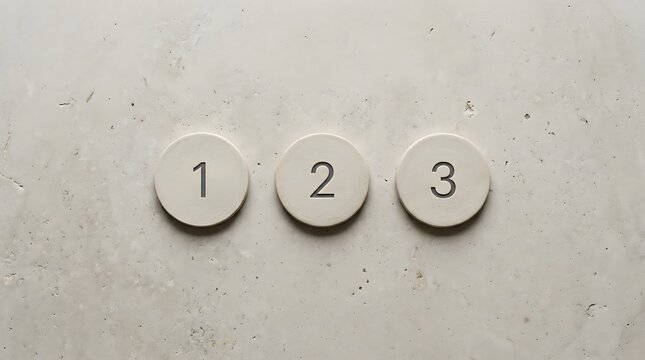 Minimalist concept of 123 steps represented by three circular stone discs with numbers on a textured concrete surface