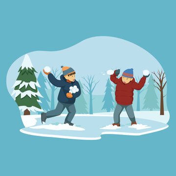 Vector illustration of two boys having a snowball fight in a snowy forest, with pine trees and bare winter trees in the background, flat cartoon winter scene