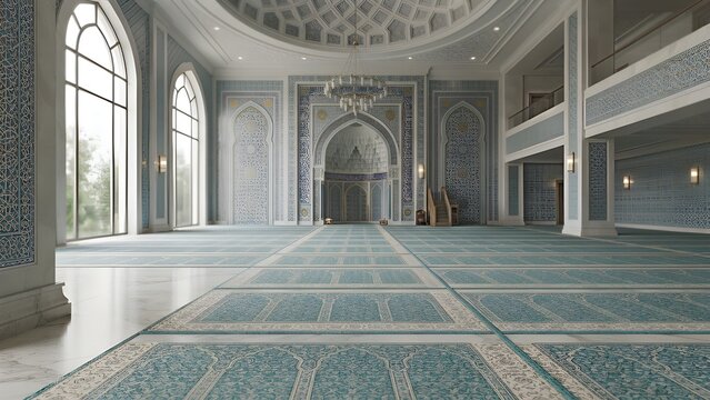Spacious elegant modern mosque interior with intricate blue Islamic geometric tiles