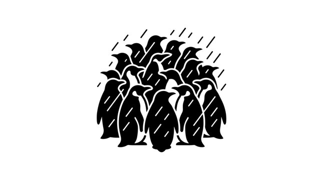 Group of penguins standing together in the rain.