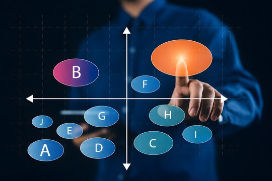 Marketer pointing at a positioning map, representing market positioning strategy, target audience analysis, brand,product differentiation for competitive advantage.