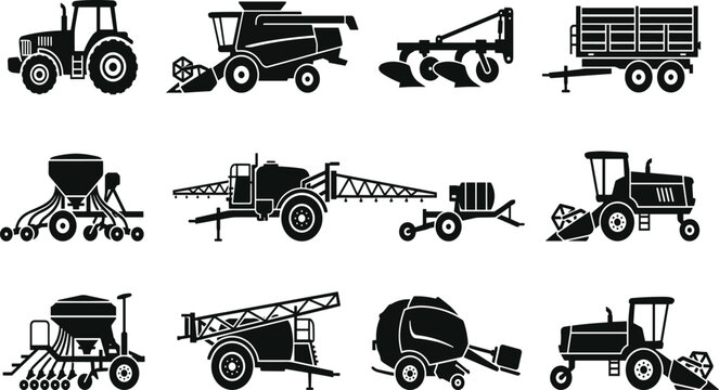Agricultural machinery silhouette set, featuring tractor, combine harvester, plow, trailer, seeder, sprayer, baler icons, farm equipment vector isolated
