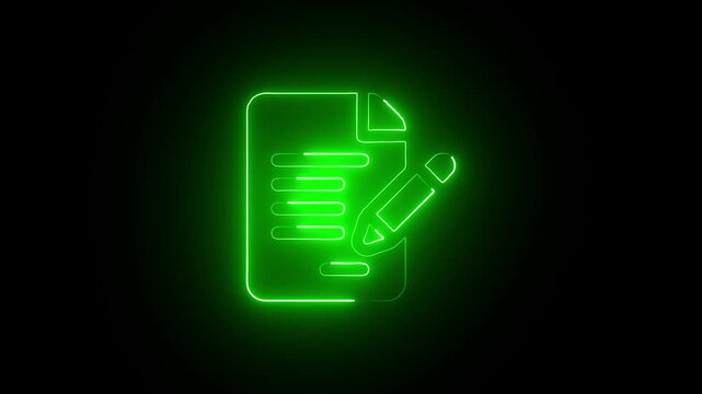 Neon green glowing document and pencil animation for digital business and creation