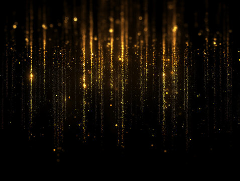 Abstract background of falling golden light streaks and shimmering glitter particles. Glowing dust and luminous bokeh on black. Elegant festive texture for holiday and celebration design