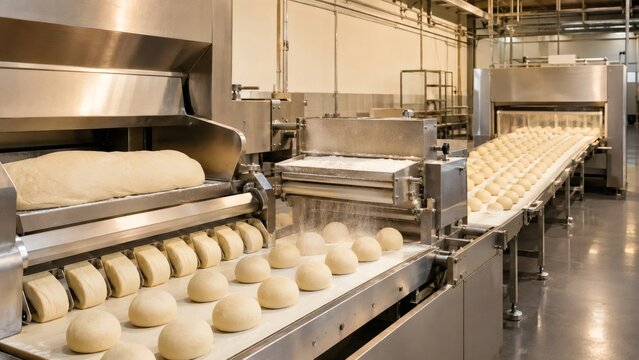 Industrial Bakery Conveyor With Dough Balls On Stainless Steel Production Line