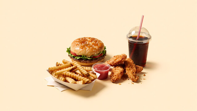 A delicious fast food meal featuring a beef burger crinkle cut fries fried chicken tenders and soda