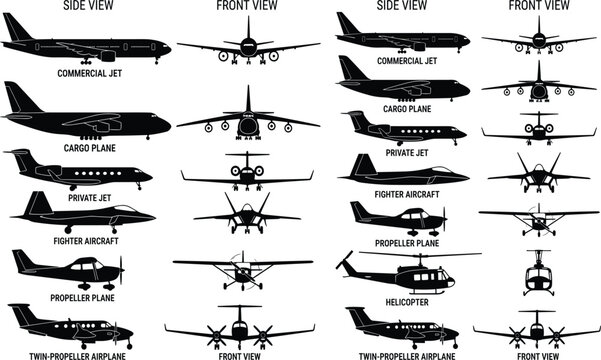 Airplane silhouette collection, commercial jet, cargo plane, private jet, fighter aircraft, propeller plane, helicopter vector set, isolated side front view