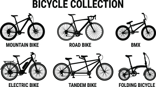 Bicycle collection vector set, featuring mountain, road, bmx, electric, tandem, folding bikes, black silhouettes, transportation icons, cycling graphic design elements