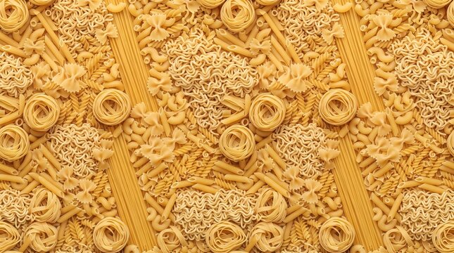 Pasta and Noodle Seamless Pattern Background with Spaghetti Penne Fusilli Farfalle and Macaroni