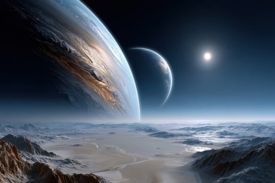 Stunning view of a distant planet with two moons and a bright sun illuminating the landscape