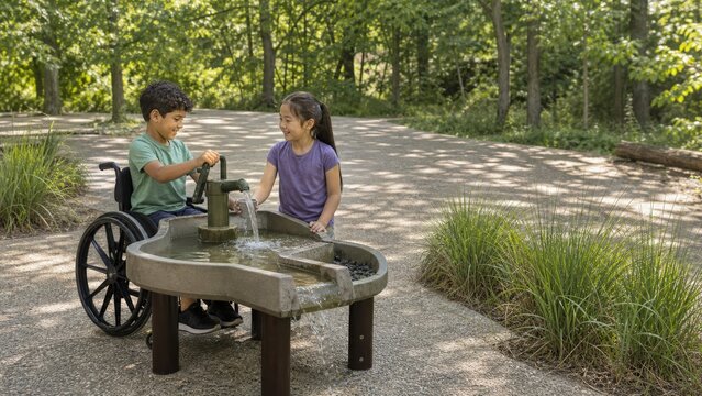 Inclusive Playground Nature Play Setting Exactly Two School Age