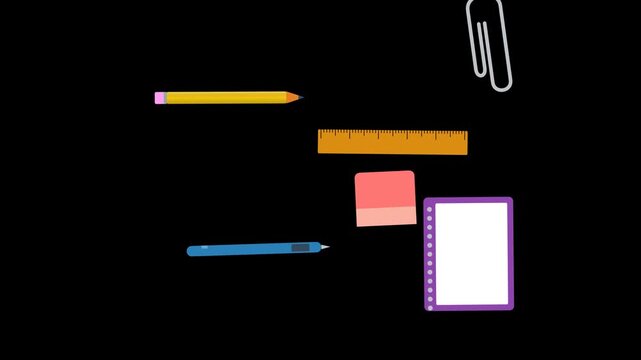 Collection of School and Office Supplies on a Black Background.