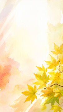 水彩画風の美しい紅葉と黄葉の背景素材　秋の季節感を感じさせる明るく柔らかなタッチのイラスト　文字入れ用のコピースペースがある縦長のデザインテンプレート　チラシやバナーなどの印刷物やWebサイトの装飾に利用可能な和風の秋のフレーム背景