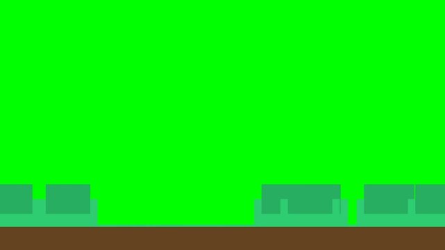 Retro Pixel Art Video Game Landscape with Green Screen Background.