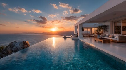 Fototapeta premium Modern Villa with Infinity Pool Overlooking Sunset by Ocean