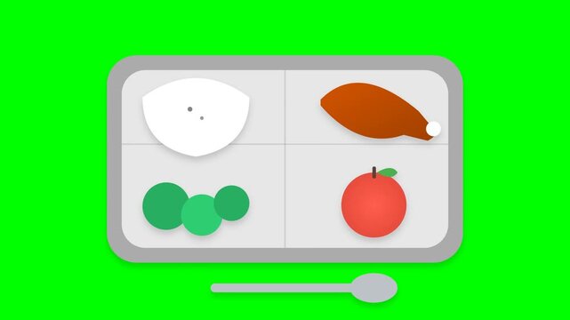 Simple Cartoon Lunch Tray with Food and Spoon on Green Screen.