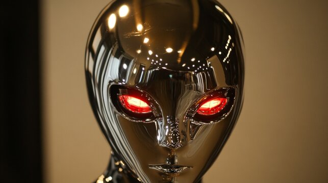 Sleek Chrome Clad Head of a Metallic Glowing Alien Figurine