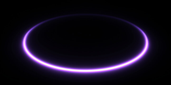 Glowing purple neon ring on black background. Abstract luminous elliptical frame in perspective. Copy space for text