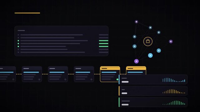 Abstract animated transactions written into a distributed ledger drawn as amber and orange lines and dots on a deep dark background. Seamless looping 4K video element with free space around it, ideal 