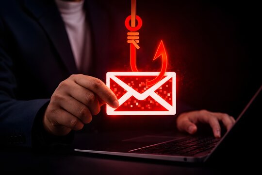 Phishing attack concept with man targeted by scam email on laptop, representing spoofing, fraudulent messages, cybersecurity risk, and online fraud awareness.