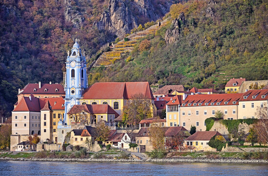 Durnstein Abbey and Historic Waterfront Buildings on Danube River Austria